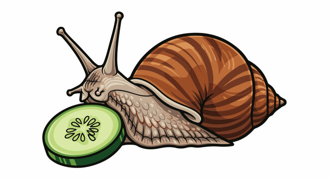 Cartoon snail with large spiral shell rests on a green cucumber slice