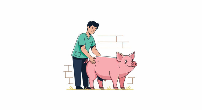 Cartoon vet gently pats a happy pink pig in front of a brick wall