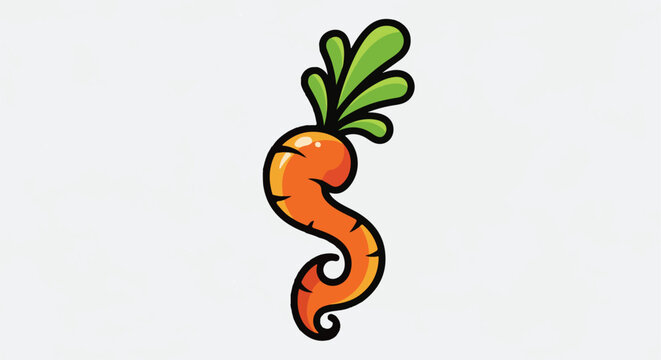 Cartoonish orange carrot with green leafy top, curled shape