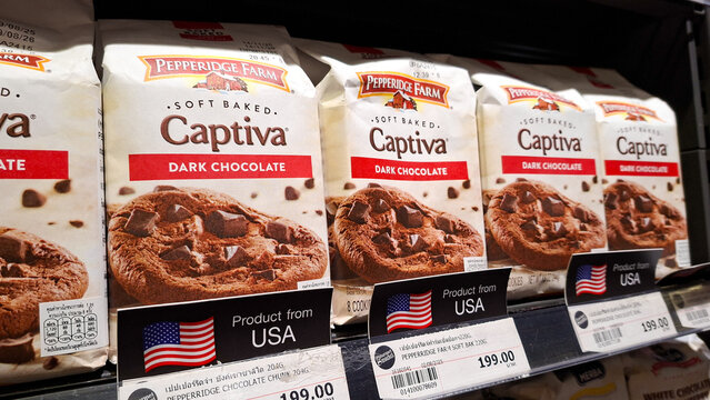 Pepperidge Farm Captiva soft baked dark chocolate cookies bags on retail supermarket shelf display in a grocery store on May 1, 2026 in Bangkok, Thailand.