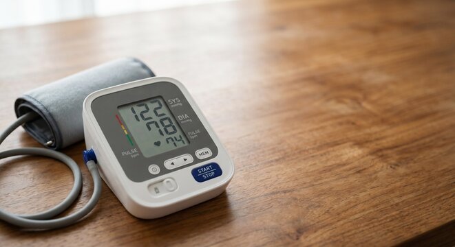 Digital blood pressure monitor resting on wooden table, negative space