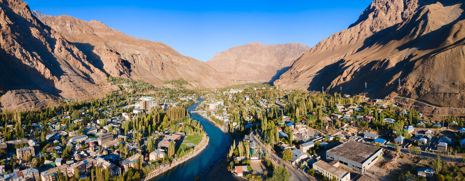 Khorog city aerial panoramic view in Tajikistan