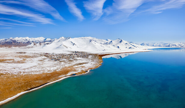 Karakul lake aerial panoramic view in Tajikistan