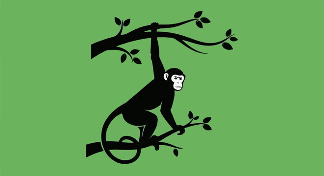 Black monkey hanging from a tree branch, on a green background