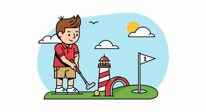 Cartoon boy playing mini golf near a lighthouse on a sunny day