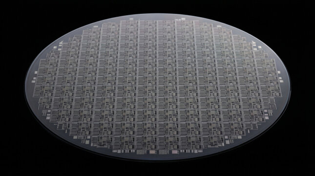 Close-up of a pure silicon disk isolated on a deep black background, a semiconductor substrate used for the production of integrated circuits and microchips in the electronics industry