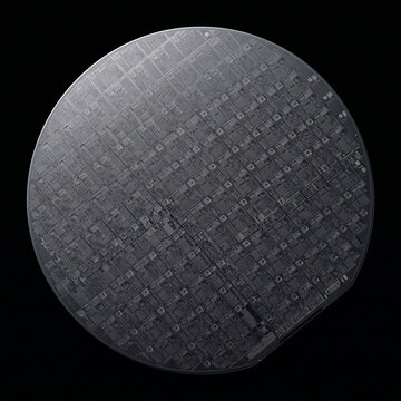 Close-up of a pure silicon disk isolated on a deep black background, a semiconductor substrate used for the production of integrated circuits and microchips in the electronics industry