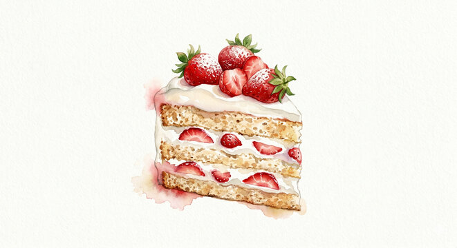 Watercolor illustration of a fresh strawberry cream cake slice with milk cream layers