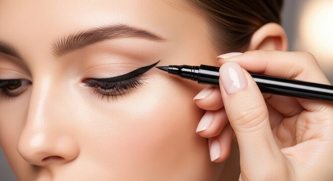 Close up of a woman applying black liquid eyeliner to her upper eyelid with precision and focus enhancing her eye makeup