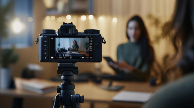 Woman recording educational video with camera on tripod