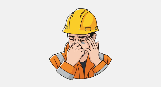 Cartoon construction worker rubbing tired eyes