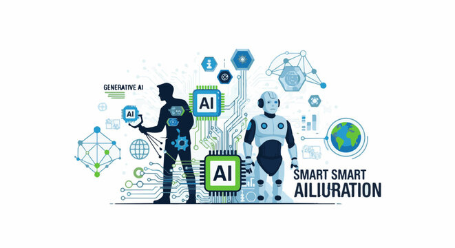 Artificial intelligence concept with human silhouette, robot, and tech symbols