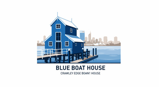 Blue boathouse on a pier with city skyline in the background