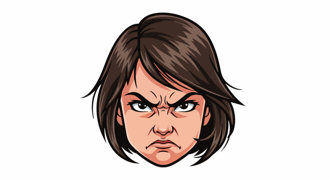 Cartoon face of a young woman with dark hair, looking angry