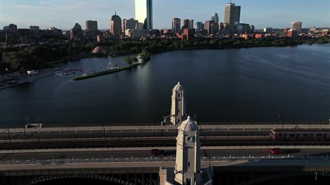 Aerial view of the Longfellow Bridge towers over the Charles River with the Boston skyline in the background, Boston, Massachusetts, United States.