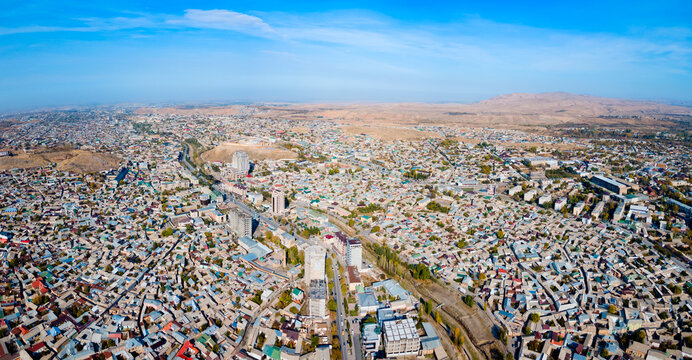 Istaravshan city aerial panoramic view in Tajikistan