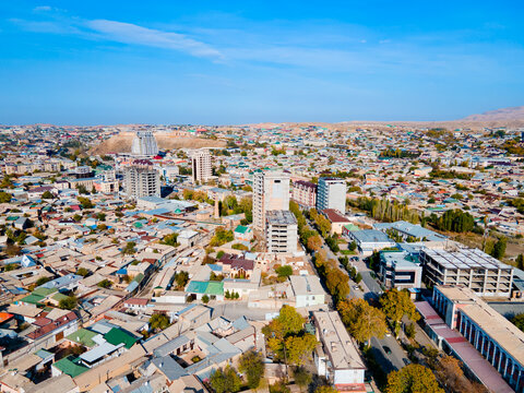 Istaravshan city aerial panoramic view in Tajikistan