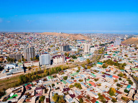 Istaravshan city aerial panoramic view in Tajikistan