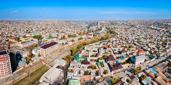 Istaravshan city aerial panoramic view in Tajikistan