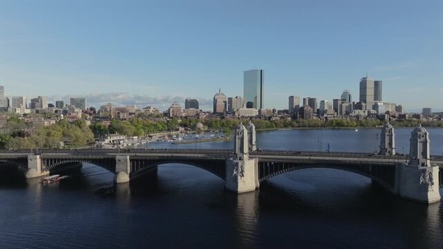 Aerial view of Longfellow Bridge spanning the Charles River with the Boston skyline in the background, Boston, Massachusetts, United States.
