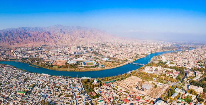 Khujand city aerial panoramic view in Tajikistan