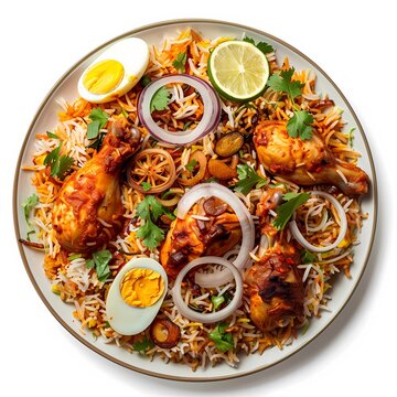 Delicious chicken biryani with boiled eggs and fresh herbs isolated on white background