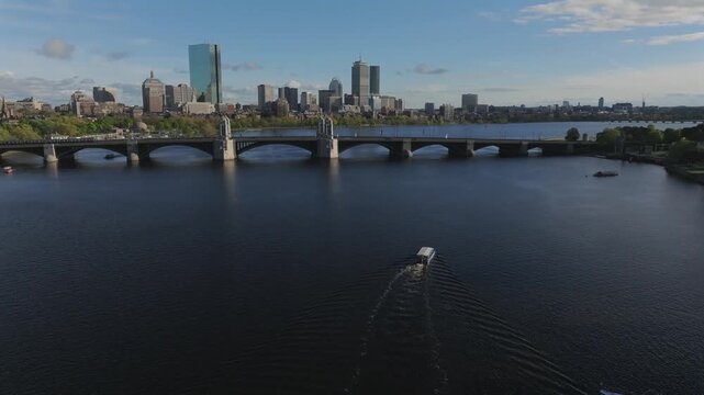Aerial view of Longfellow Bridge over the Charles River with the Boston skyline in the background, Boston, Massachusetts, United States.