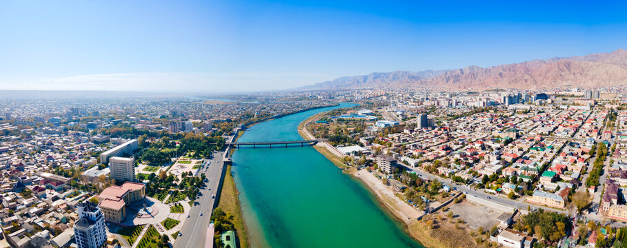 Khujand city aerial panoramic view in Tajikistan