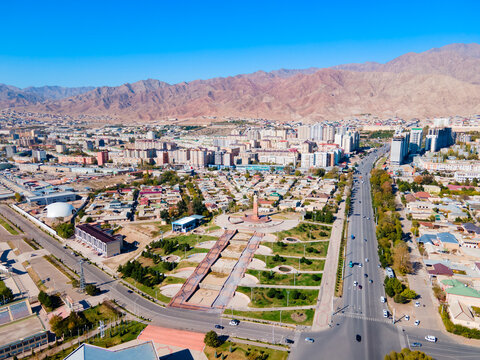 Khujand city aerial panoramic view in Tajikistan