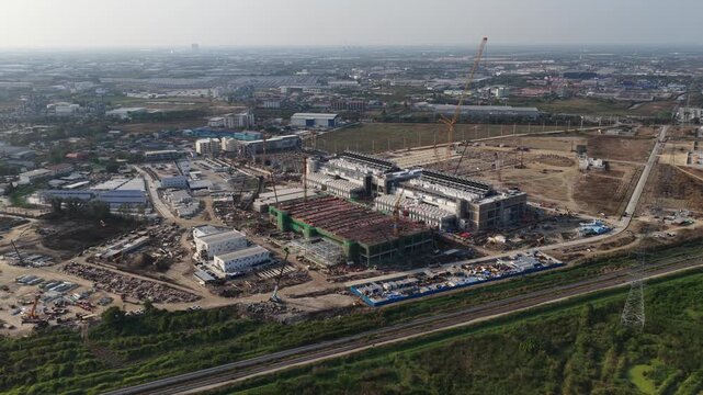 Aerial drone video of hyperscale data center construction in Thailand