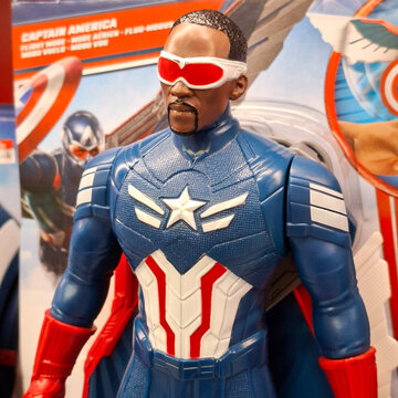 Sam Wilson Captain America action figure toy in flight mode suit Marvel Cinematic Universe collectible plastic superhero figurine on April 17, 2026 in Bangkok, Thailand.