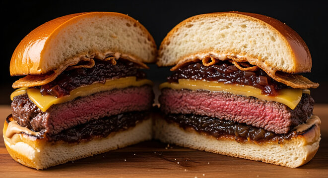 Cut gourmet burger showing medium rare beef, cheese, bacon, and caramelized onions