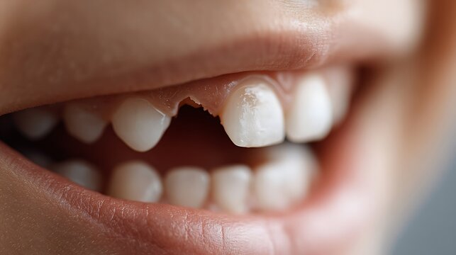 Close-up of child mouth with loose primary tooth. Mixed dentition stage and natural exfoliation of baby teeth in pediatric dentistry context