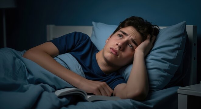 Teenage boy lying awake in bed at night, troubled expression, reading a book with dim lamp light