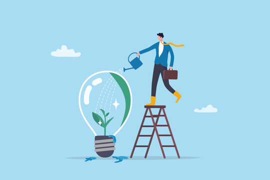 Growing new idea for sustainable solution, growth creativity plant, inspiration or idea development, esg process, renewable energy, businessman watering growing plant in the bright lightbulb idea.