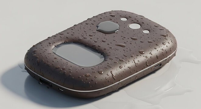 Compact electronic device with a textured dark brown casing covered in water droplets and spilled liquid on a neutral surface, representing waterproof technology or accidental spills