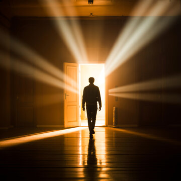 Person Walking Toward Light Door Hope Concept
