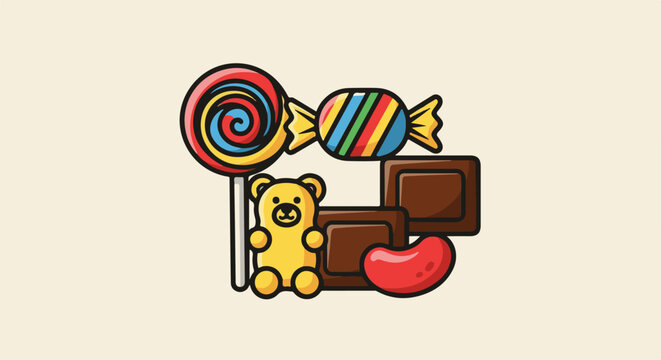 Assorted colorful candies and chocolates arranged in a cluster