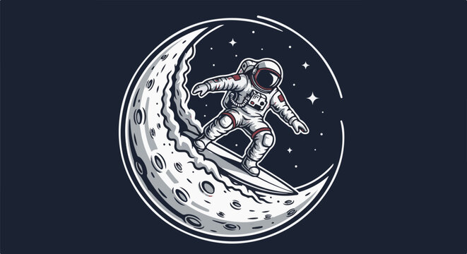 Astronaut surfing on a crescent moon with stars in the background