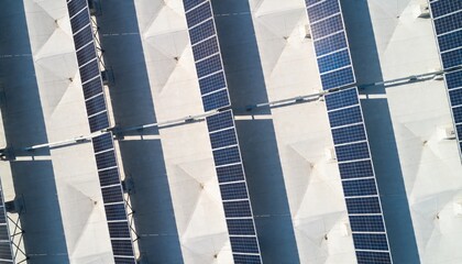 Obraz premium Aerial View of Solar Panels on Roofs from Drone Perspective