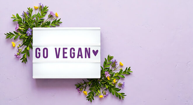 Go Vegan Cinematic Lightbox on Lilac Background. Minimalist Flat Lay with Floral Accents and Negative Space.