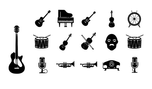 Musical instrument icon set guitar piano drum violin vector logo isolated on white background