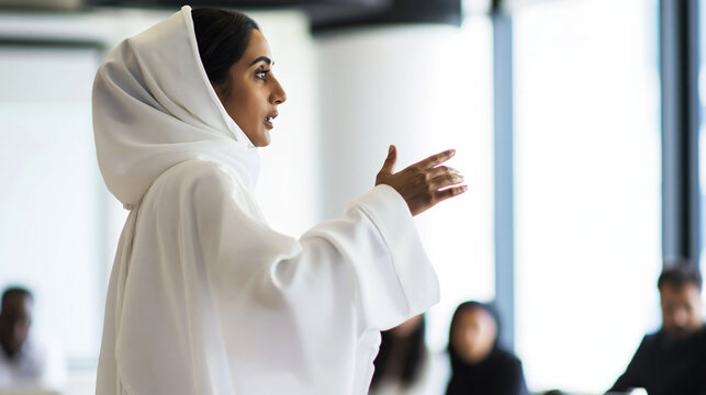 Confident Middle Eastern woman professionally speaking, elegantly dressed in modest white hijab, actively gesturing in business meeting