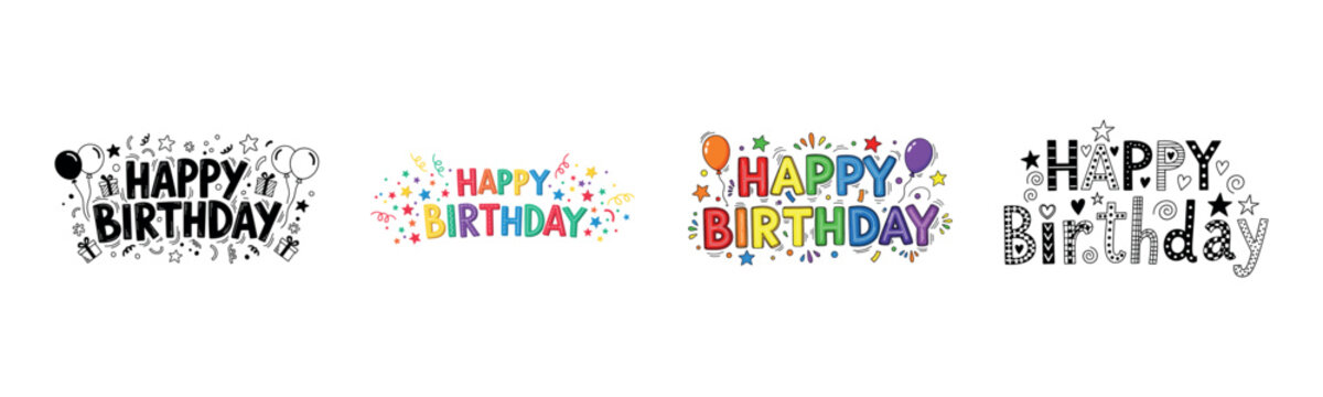 Colorful happy birthday text designs with balloons and stars
