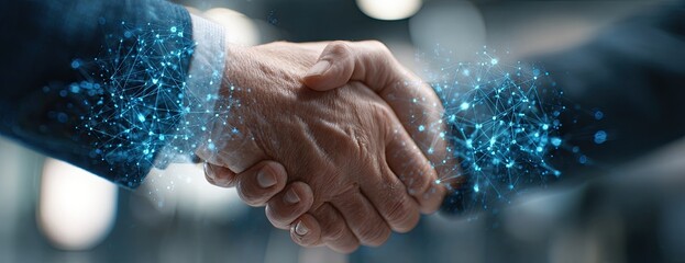 Fototapeta premium Close-up of two people in suits shaking hands with a digital network overlay