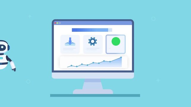 Animated video of a robot assistant beside a computer dashboard showing data upload, file import, and analytics, representing AI automation, data input processes, and digital workflow systems.