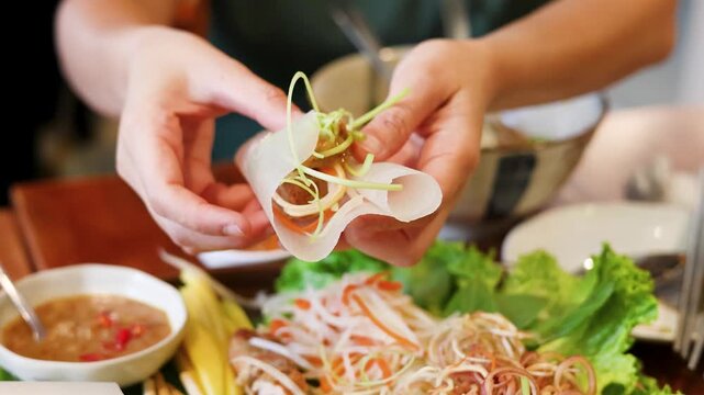 Hands Wrapping Fresh Vietnamese Spring Roll with Rice Paper and Vegetables