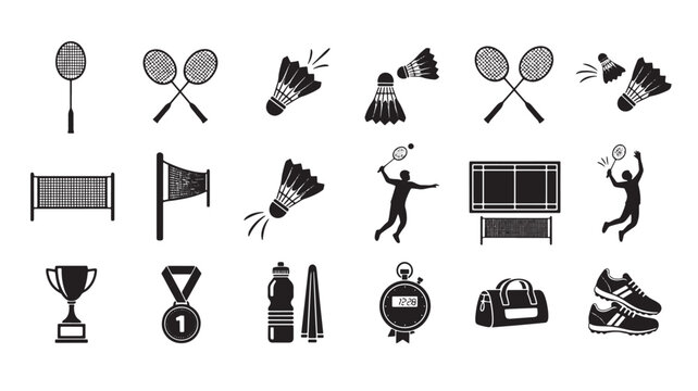 Badminton sport icons set, black silhouette badminton equipment collection, professional racket and shuttlecock vector elements for tournament design