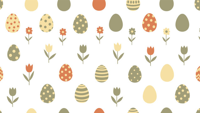 Muted earth tone seamless pattern of decorated easter eggs and simple tulips on a white background for holiday fabric and wrapping paper products.