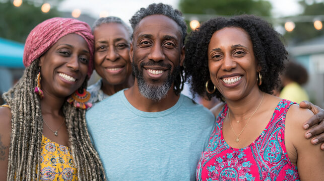 Diverse Black family of three generations smiling and embracing at an outdoor gathering, radiating happiness and strong connection